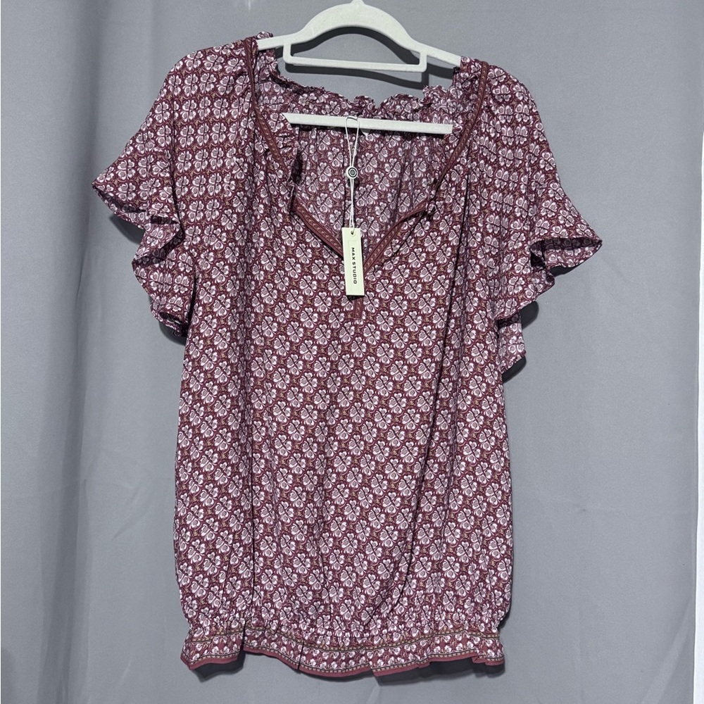 Max Studio Burgundy Floral Short Sleeve Peasant Top